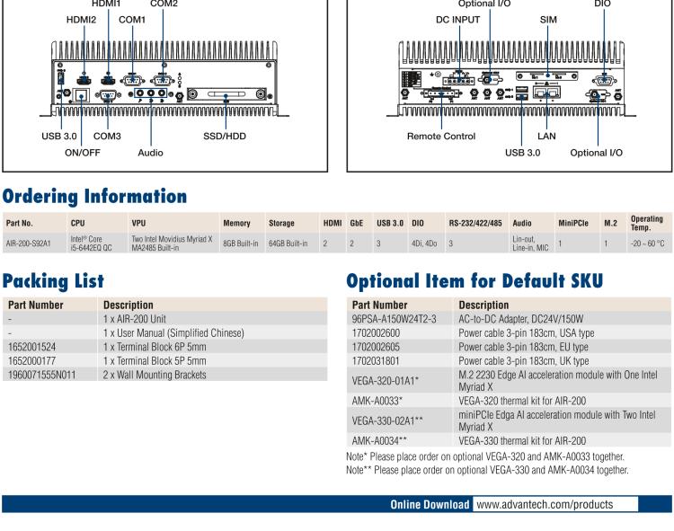 研華AIR-200 基于Intel Core i5-6442EQ處理器，AI計算平臺，內(nèi)置Myriad X VPU * 2