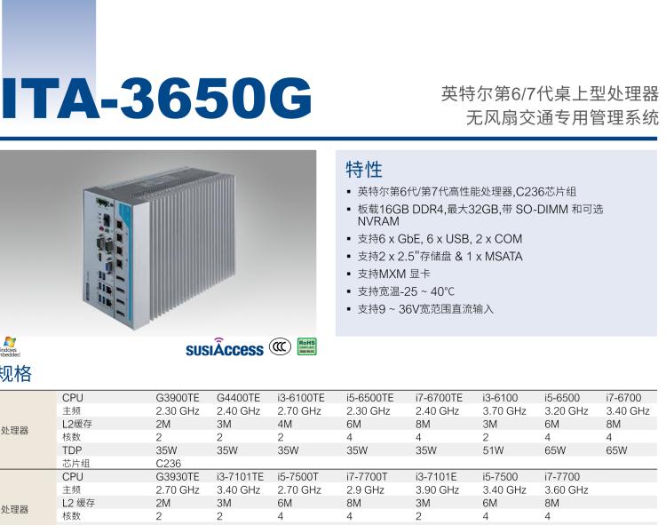 研華ITA-3650G 英特爾第六代和第七代臺式機無風扇系統，具有GPU模組，用于交通行業