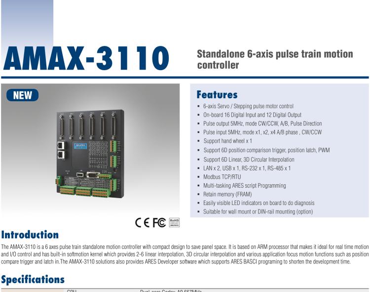 研華AMAX-3110 AMAX-3110是一個(gè)6軸脈沖序列獨(dú)立式運(yùn)動(dòng)控制器，一體化精巧的設(shè)計(jì)，節(jié)省空間