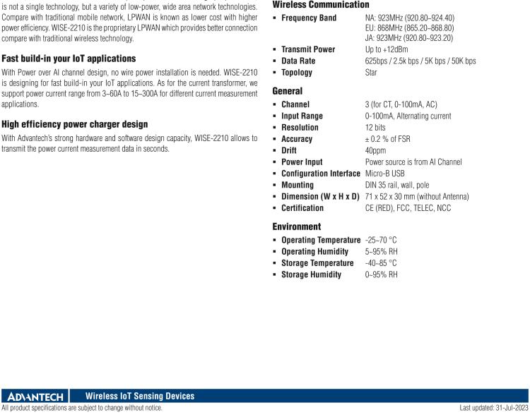 研華WISE-2210 專有 LPWAN(Sub-G) 無線自供電CT節點
