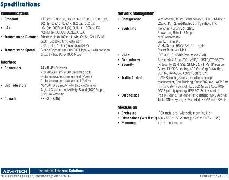 研華EKI-7428G-4CI 24GE+4G Combo光電復用網管型以太網交換機，-40~70℃