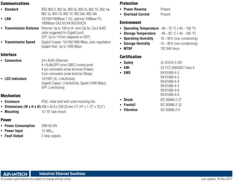 研華EKI-2428G-4CI 24GE+4G組合非托管以太網交換機，19“機架式，-40~75℃