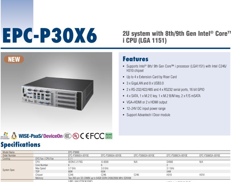 研華EPC-P3086 適配Intel? 第8/9代 Core i 系列處理器，搭載H310芯片組。2U高度，支持全長PCIe x16擴展卡。接口豐富，性能強勁。