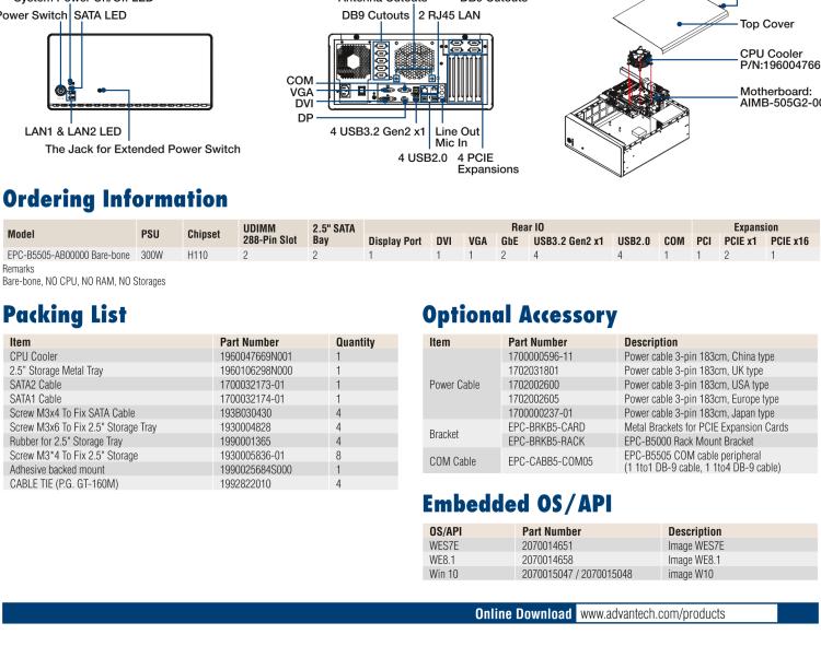 研華EPC-B5505 適配Intel? 第6/7代 Core ? i/Xeon E3系列處理器，搭載H110芯片組。標(biāo)準(zhǔn)4U上架，廣泛適用于各種行業(yè)。