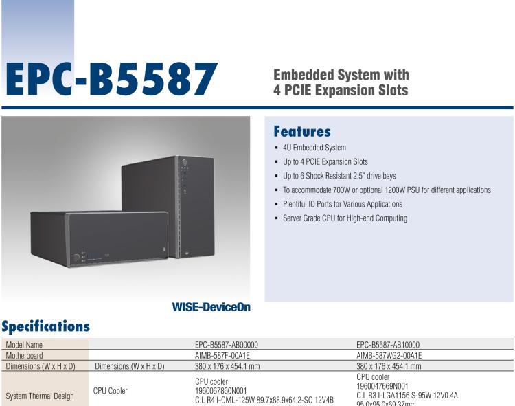 研華EPC-B5587 適配Intel? 第10代 Core i / Xeon W系列處理器，搭載W480E芯片組。標(biāo)準(zhǔn)4U上架，工業(yè)級品質(zhì)，穩(wěn)定可靠。廣泛適用于高端AI服務(wù)器等應(yīng)用。
