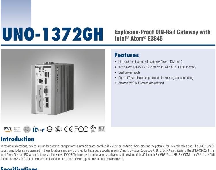 研華UNO-1372GH 通過Class I，Division 2認(rèn)證的導(dǎo)軌安裝工業(yè)控制器，搭配英特爾?凌動(dòng)?四核處理器