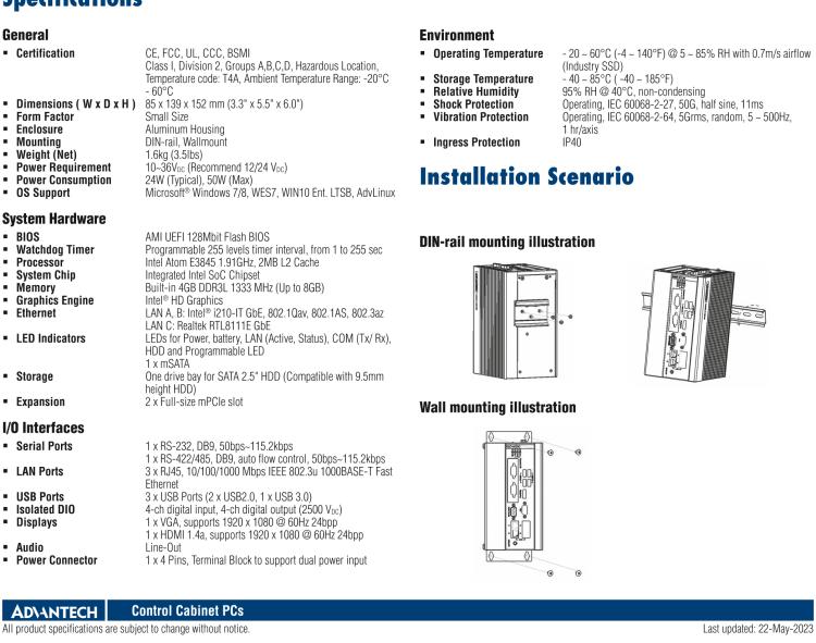 研華UNO-1372GH 通過Class I，Division 2認(rèn)證的導(dǎo)軌安裝工業(yè)控制器，搭配英特爾?凌動(dòng)?四核處理器