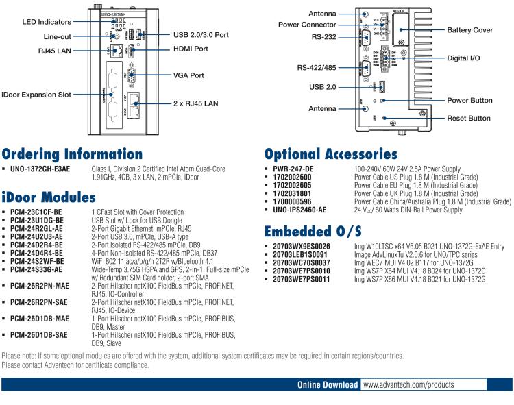 研華UNO-1372GH 通過Class I，Division 2認(rèn)證的導(dǎo)軌安裝工業(yè)控制器，搭配英特爾?凌動(dòng)?四核處理器