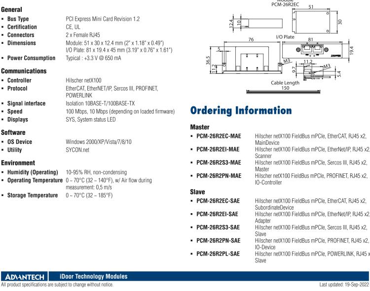 研華PCM-26R2EI 2端口 Hilscher netX100 現場總線 mPCIe, EtherNet/IP, RJ45