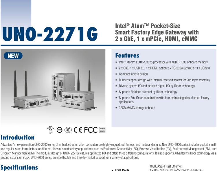 研華UNO-2271G 小型智慧工廠數(shù)據(jù)網(wǎng)關(guān)，搭載Intel? Atom?處理器，2 x GbE, 1 x mPCIe, HDMI, eMMC