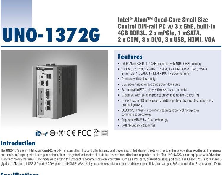 研華UNO-1372G 小型導(dǎo)軌安裝工業(yè)控制器，搭配英特爾?凌動(dòng)? 四核處理器及4GB DDR3L內(nèi)存，2×mPCIe，1×mSATA，2×COM，8×DI/O，3×USB，1×HDMI，1×VGA