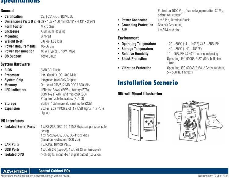 研華UNO-1252G 微型導(dǎo)軌安裝工業(yè)物聯(lián)網(wǎng)網(wǎng)關(guān)，搭配英特爾? Quark? 微控制器，2×LAN，2×mPCIe，2×COM，8×DI/O，2×USB，1×1GB microSD card，1×SIM