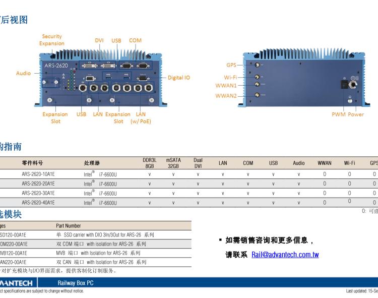研華ARS-2620 EN50155 Intel? i7-6600U/i7-7600U 無風扇設計之列車車輛控制系統