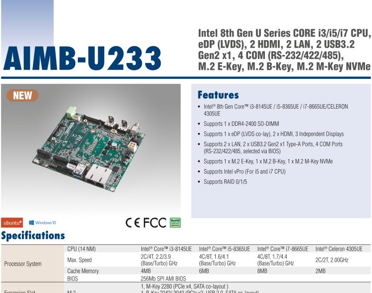 研華AIMB-U233 板載Intel 第8代 U系列 Core i3/i5/i7 處理器。低功耗高性能，無風扇設計。