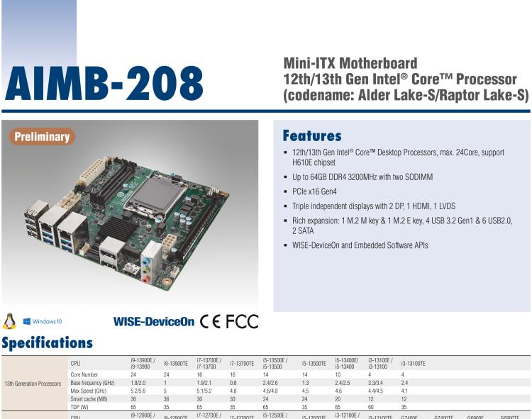 研華AIMB-208 適配Intel 第12/13代 Core i/奔騰系列處理器，搭載H110芯片組。高性價(jià)比，擁有豐富的擴(kuò)展接口，通用性強(qiáng)，穩(wěn)定可靠。
