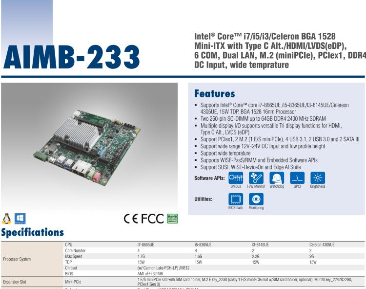 研華AIMB-233 板載Intel? 第8代 Core i 處理器。擁有Type C接口，滿足各類擴展需求。低功耗，超薄緊湊，無風扇設計，支持寬溫寬壓，性能強勁。
