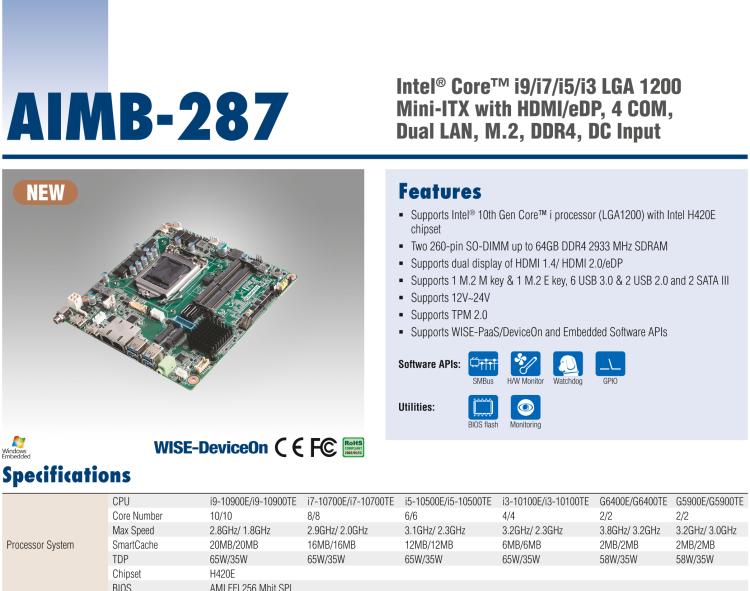 研華AIMB-287 適配Intel? 第10代 Core? i 系列處理器，搭載H420E芯片組。超薄設計，性能強勁。
