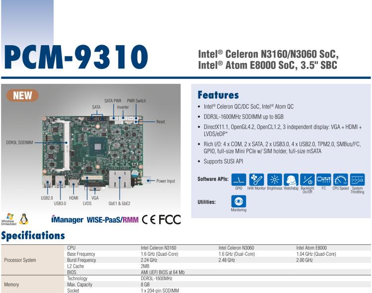 研華PCM-9310 英特爾第五代Atom?賽揚N3160 / N3060 SoC，Intel?Atom E8000 SoC，3.5寸單板電腦，DDR3L，VGA，HDMI，48位LVDS，2GbE，Mini PCIe，mSATA，SUSI API