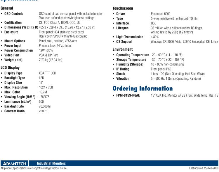 研華FPM-815S 15“英寸工業顯示器與電阻觸摸控制，直接VGA, DP端口，和304不銹鋼前面板