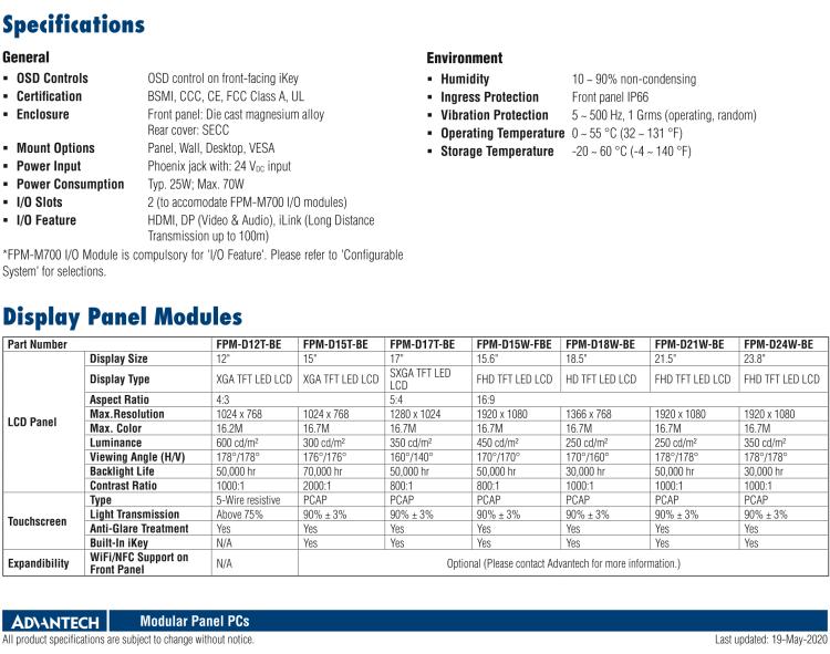 研華FPM-7212W 模組化工業(yè)顯示器，21.5” Full HD/18.5” HD/17” SXGA/15” XGA/12” XGA 液晶顯示器