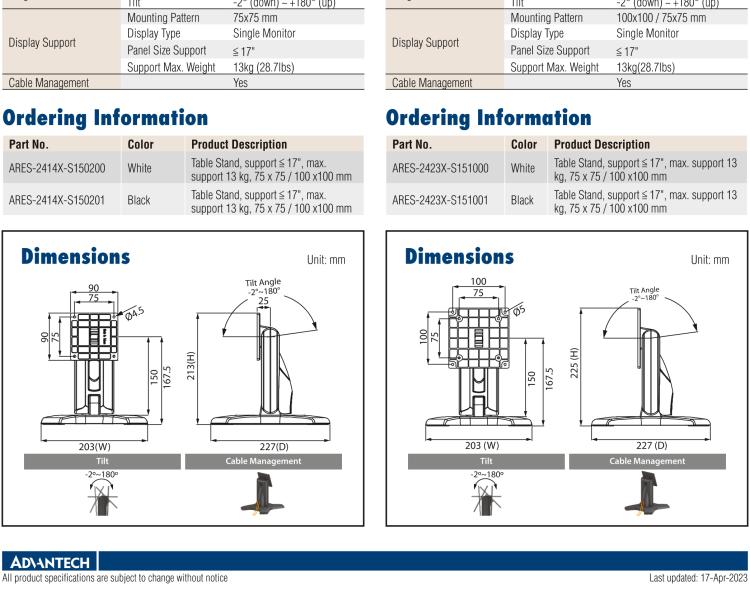 研華ARES-2425X ARES-2425X is a desk stand compatible with 75x75 mm / 100x100 mm VESA patterns. It can tilt -2° (down) ~ +180° (up) and screens up to 27"