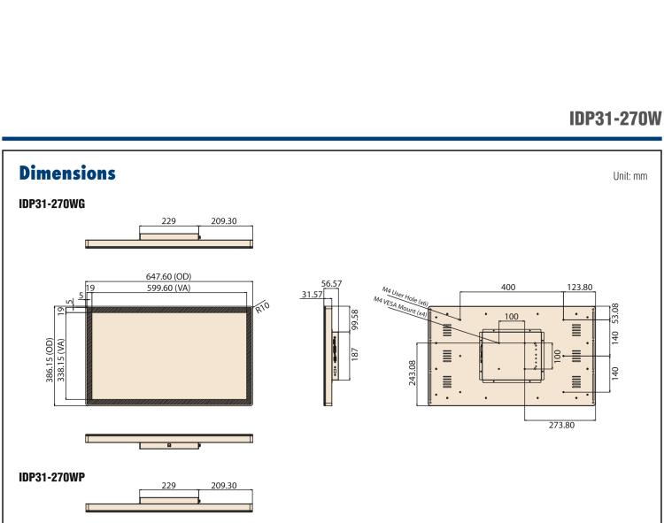 研華IDP31-270W 27" 玻璃面板觸控顯示器，帶環繞式LED燈帶，全高清分辨率，多輸入源VGA/DVI/DP