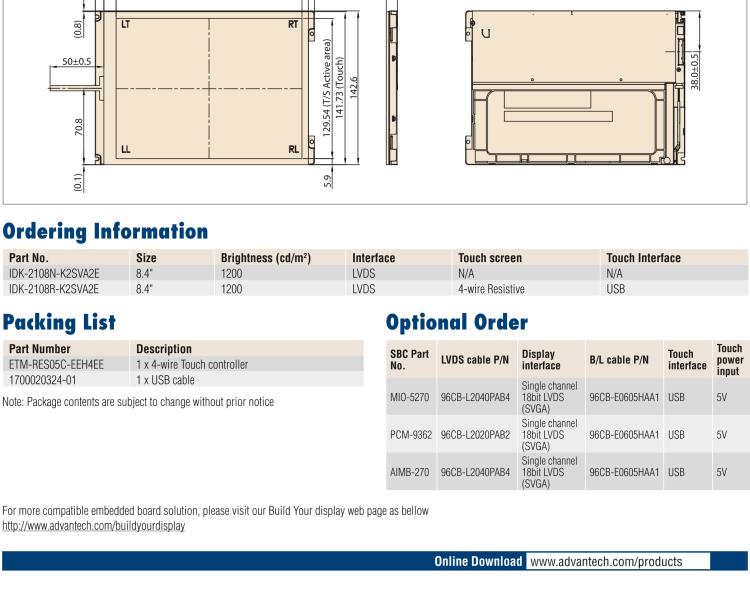 研華IDK-2108 8.4” SVGA 1200cd/m2 超高亮度工業顯示套件，帶 LED 背光燈、LVDS 接口