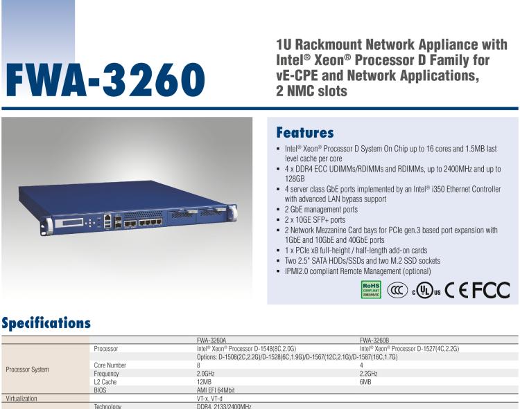 研華FWA-3260 基于Intel? Broadwell XeonTM D-1500系列處理器 1U機架式網絡應用平臺