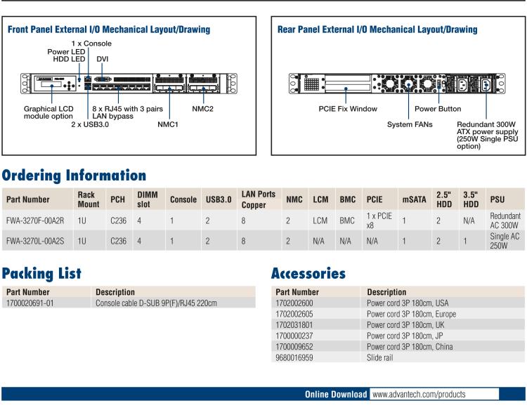 研華FWA-3270R 1U Rackmount Platform for Network Appliance with Intel? Xeon E3 series and 6th/7th Gen Intel Core i7/i5/i3 Processor, 2NMC slots