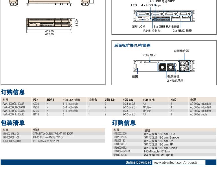 研華FWA-4030 基于第六代/第七代 Intel? Xeon? E3和 i7/i5/i3系列處理器 2U機架式網絡應用平臺