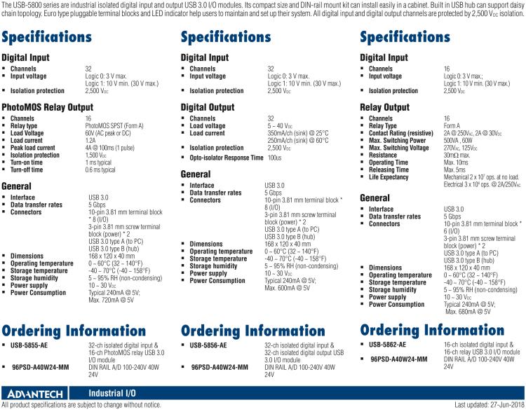 研華USB-5855 32通道隔離數字輸入和16通道PhotoMOS繼電器USB 3.0 I/O模塊