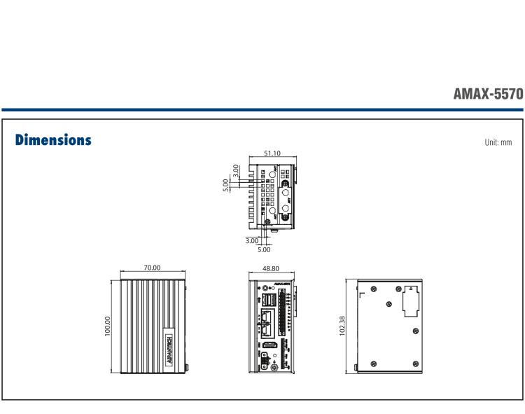 研華AMAX-5570 超微型控制平臺，采用Intel Atom處理器、64GB eMMC、2 個以太網(wǎng)口、2 個 USB、2 個 CAN、2 個 COM 和插片 IO 擴展
