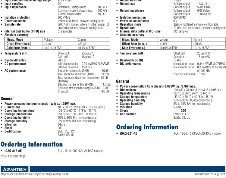 研華iDAQ-821 10kS/s、16 位、4 通道 模擬 輸出 iDAQ 模塊