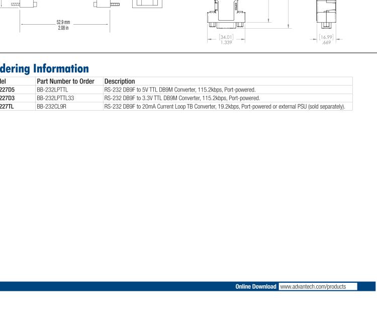 研華BB-232LPTTL33 ULI-227D3 RS-232（DB9母頭）至3.3V TTL（DB9公頭）轉換器，端口供電
