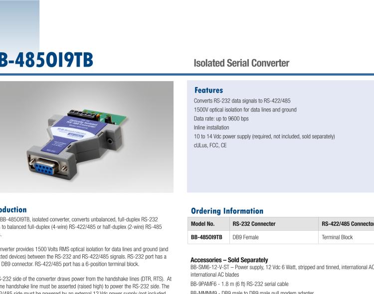 研華BB-485OI9TB 串口轉換器，RS-233 DB9母頭至RS-422/485 TB