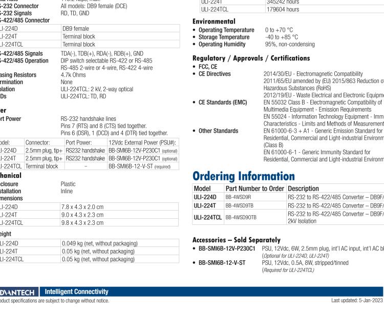 研華BB-4WSD9R ULI-224D RS-232至RS-422/485（2線/4線）轉換器，DB9母頭