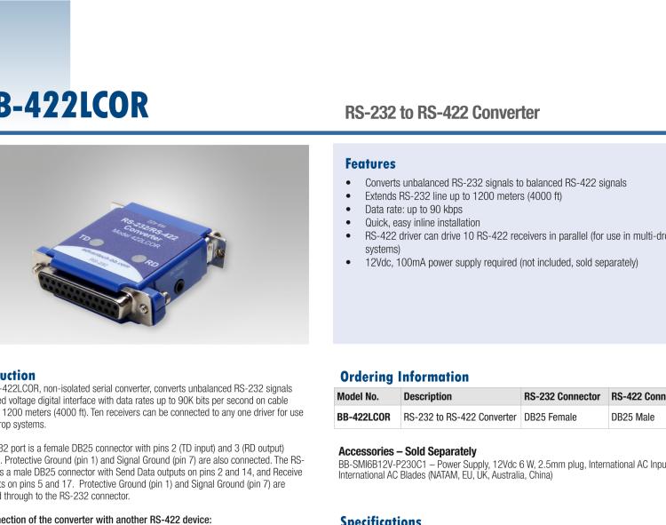 研華BB-422LCOR RS-232至RS-422轉(zhuǎn)換器–DB25F至DB25M