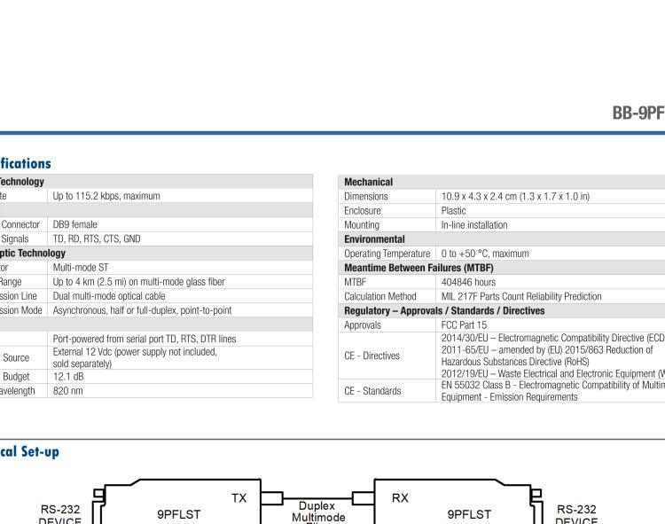 研華BB-9PFLST 串口轉換器，RS-232調制解調器DB9 F到MM光纖ST