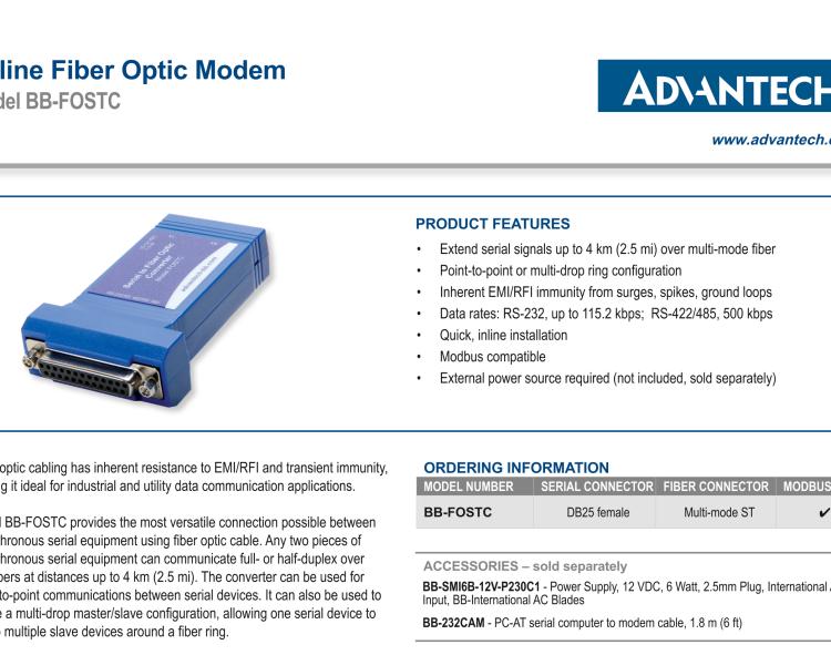 研華BB-FOSTC 串口轉換器，RS-232調制解調器DB25 F到MM光纖ST